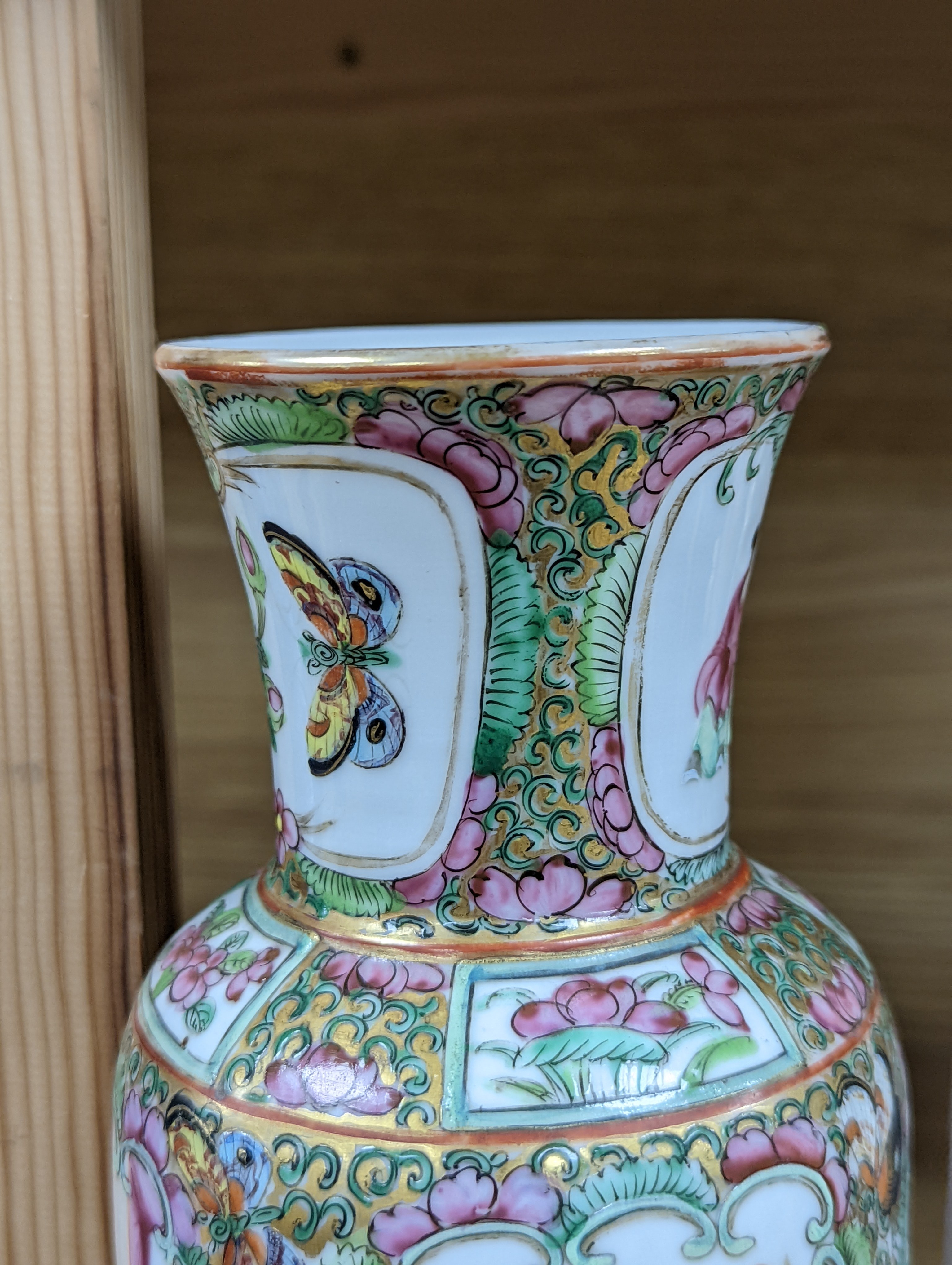 Two Chinese famille rose vases, late 19th century, tallest 26 cm, one wood stand, some restoration